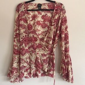 INC Lace blouse kimono with paisley print.